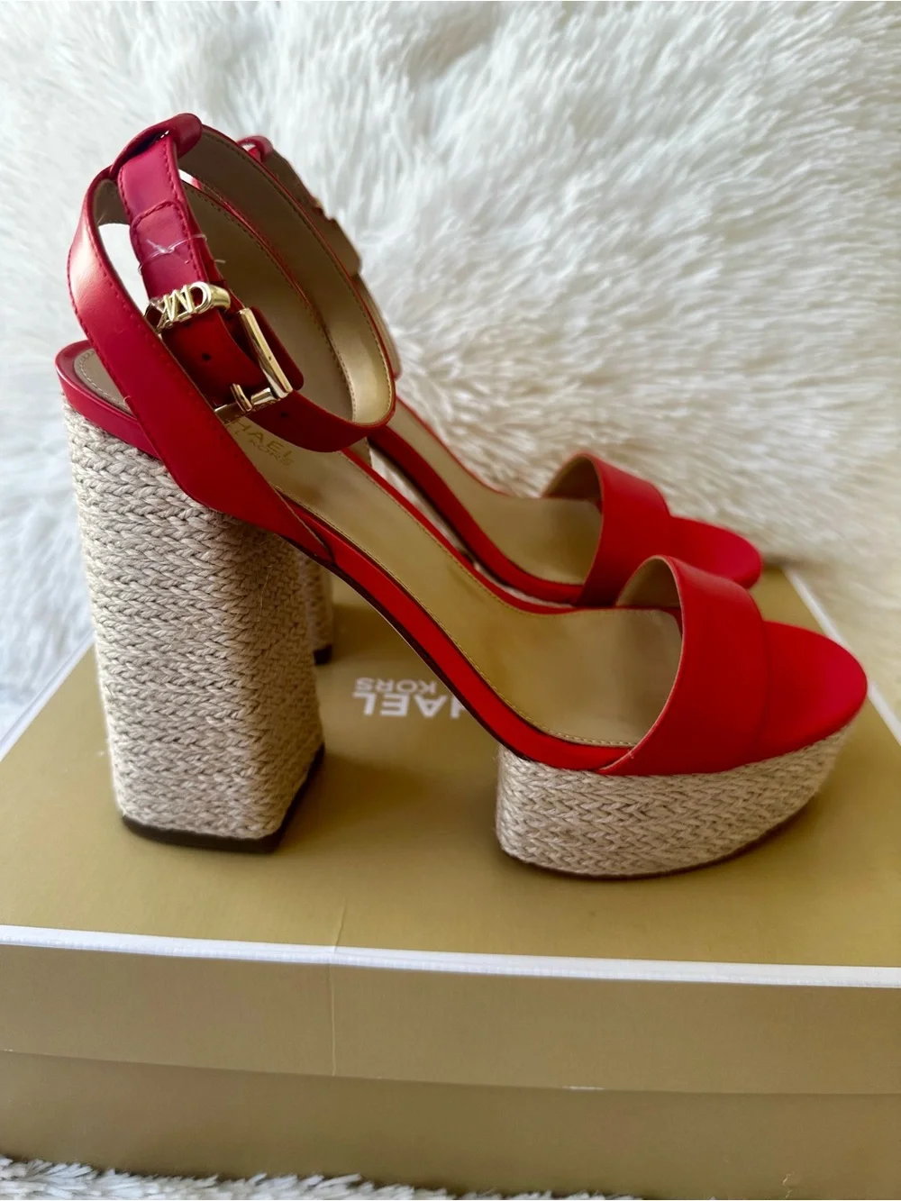 Michael Kors Ashton Platform Espadrille Block Heel Sandals Spiced Coral Red 8.5